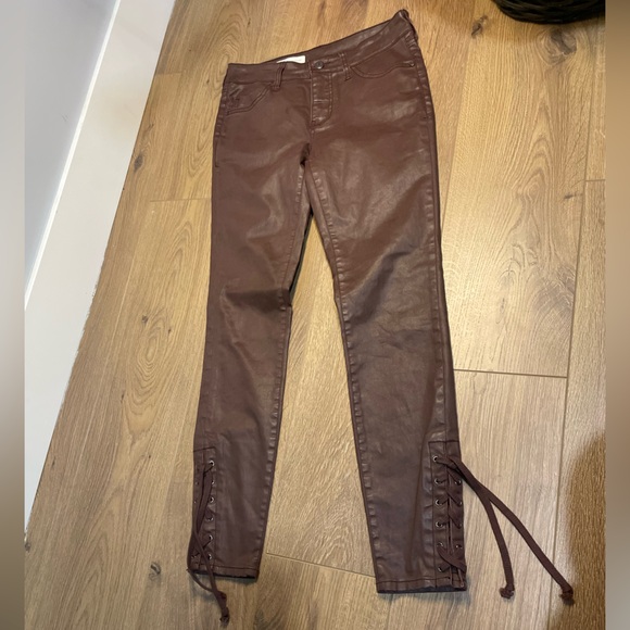 Pilcro and the Letterpress Anthropologie Red Brown Coated Ankle Tie Pants 26” - Picture 4 of 11